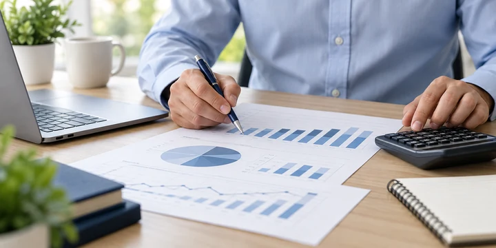 Accountant reviewing financial charts beside a laptop and calculator.