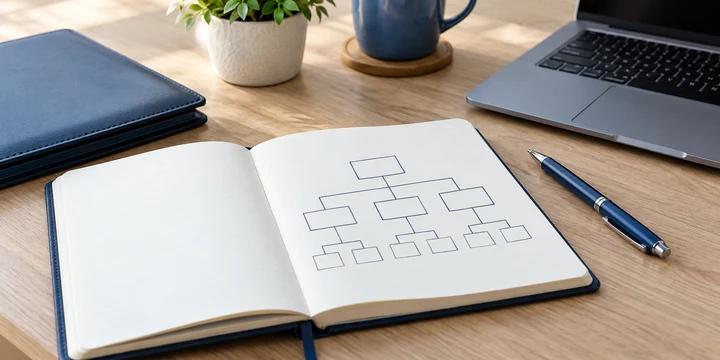 Open notebook with a business organization diagram beside a laptop and document folder.