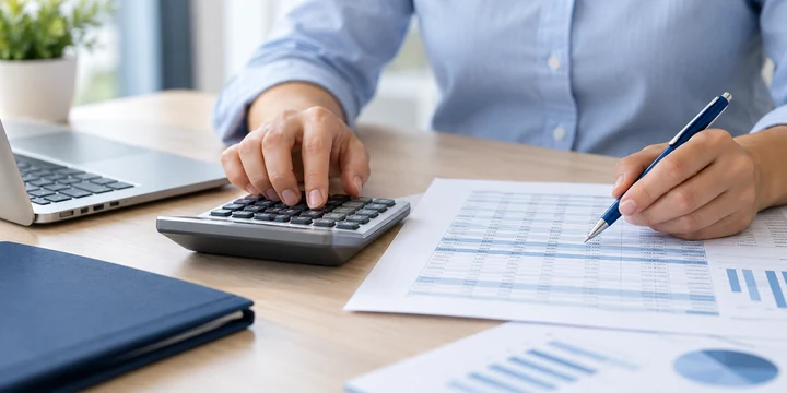Hands reviewing a payroll spreadsheet with a calculator and blue pen.