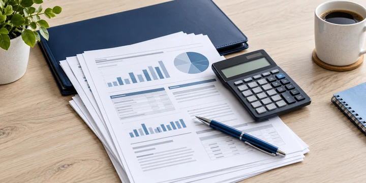 Financial worksheets with a calculator, blue pen, and document folder.